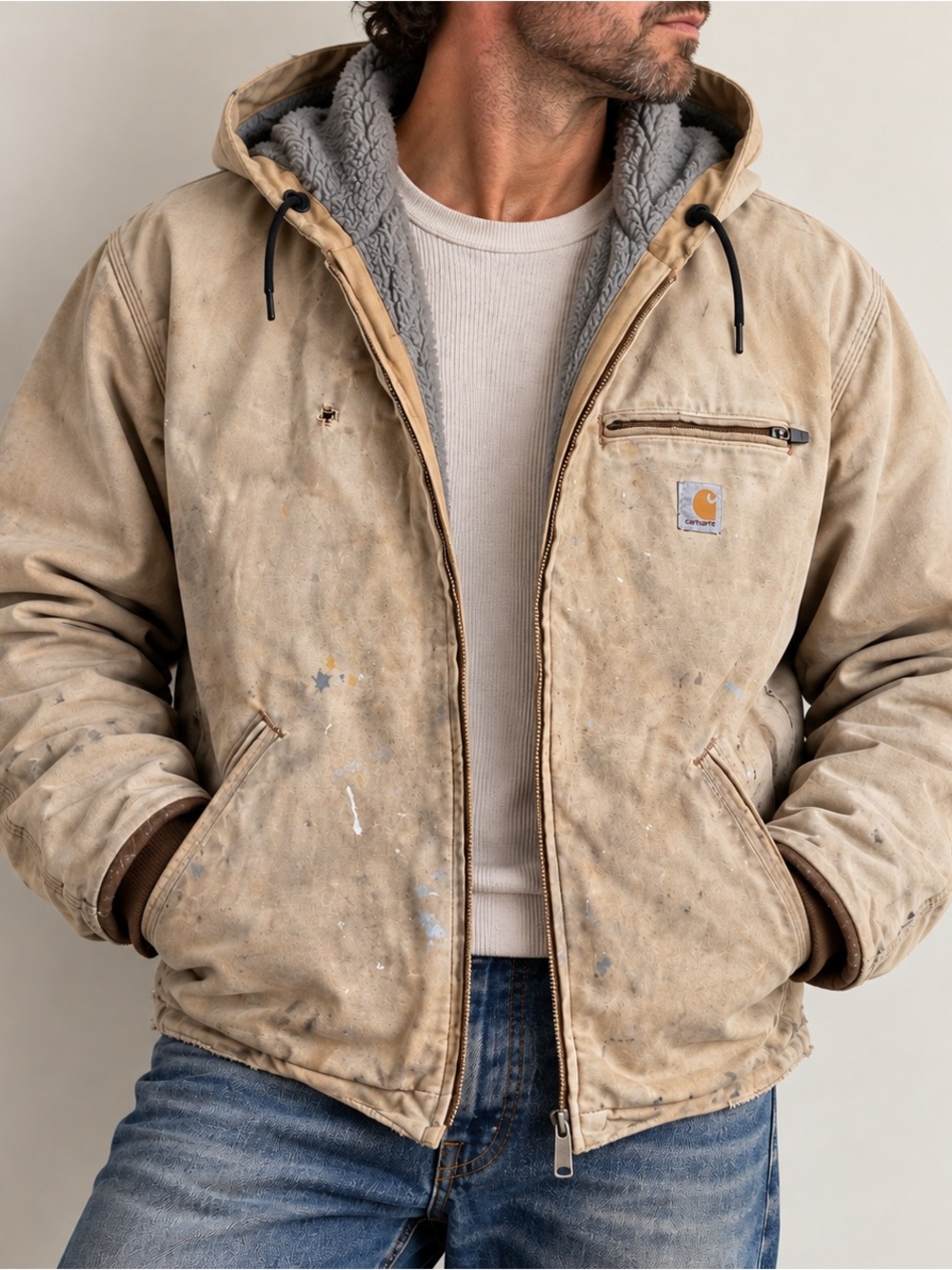 Carhartt J141 Sandstone Sierra Sherpa Lined Distressed Workwear Jacket